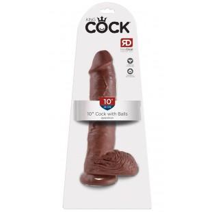 Большой коричневый фаллоимитатор с мошонкой 10" cock with balls на присоске - 25,4 см.