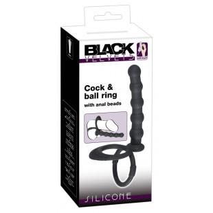 Насадка для двойного проникновения с подхватом мошонки Black Velvets Cock & Ball ring, черная