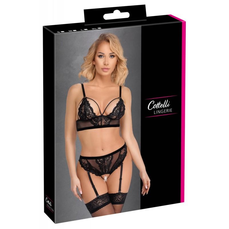 Must pitsiline pesukomplekt avatud jalgevahe ja sukahoidjaga M - Cottelli LINGERIE