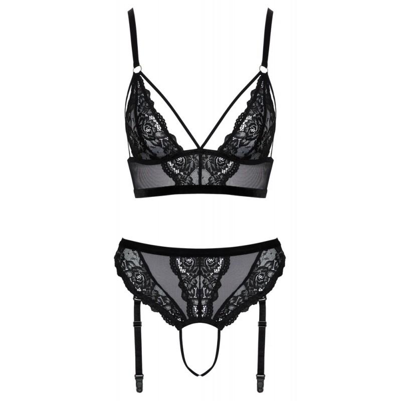 Must pitsiline pesukomplekt avatud jalgevahe ja sukahoidjaga XL - Cottelli LINGERIE