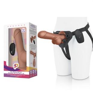 PEGASUS - 8 INCH REMOTE CONTROL REALISTIC SILICONE DILDO WITH BALLS AND HARNESS BEIGE