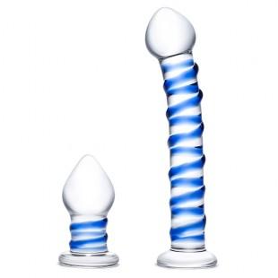 Glas - double penetration glass swirly dildo & butt plug set 2 pcs